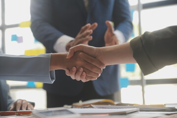 Meeting and greeting concept, Two confident Business handshake and business people after discussing good deal of Trading contract and new projects for both companies, success, partnership, co worker.