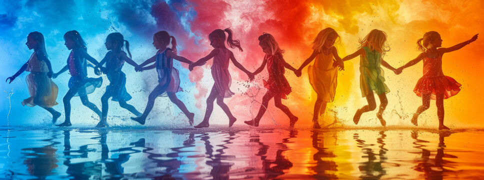 a party,silhoutte of boys and girls dancinig hand in hand with a neck scarf, full colour generative ai