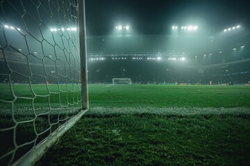 Obraz premium Soccer Goal Post Perspective on Lush Field at Stadium, Sunset Lighting with Game in Progress