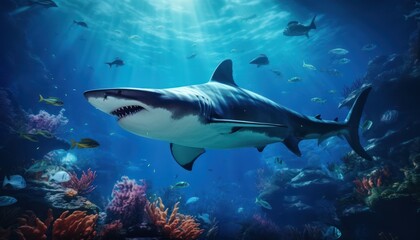 Great white shark in the ocean, portrait of White shark hunting prey in the underwater