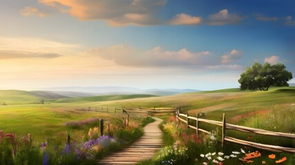 A peaceful countryside scene with a rustic wooden fence winding its way through a field of wildflowers