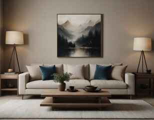 Contemporary living room with cozy sofa, coordinating lamps, wooden furnishings, and a tranquil mountain scenery painting on a neutral wall