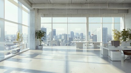 Modern white concrete office interior with panoramic windows and city view. Workplace concept. 3D...