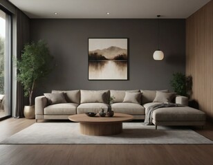 Modern living space with a luxurious sectional sofa, wooden coffee table, and a calming abstract painting in tranquil hues