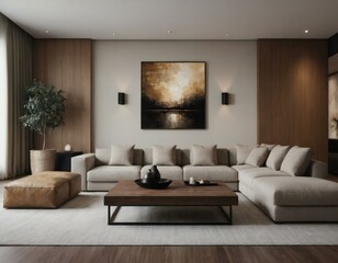 Modern living room with a spacious couch, wooden decor, abstract wall art, and soft lighting creating a warm and chic atmosphere