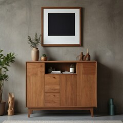 Stylish wooden sideboard with decorative items and a framed blank poster on a concrete wall background in a contemporary home setting