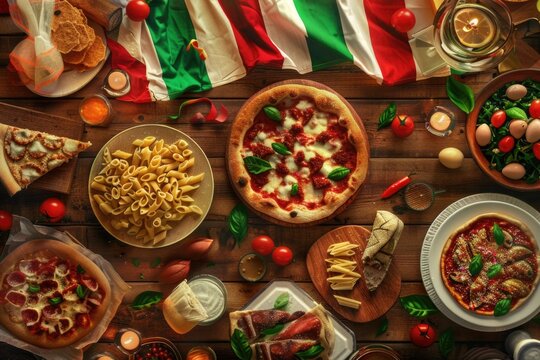 Republic Day Celebration in Italy with Waving Flag and Traditional Cuisine on Wooden Background - Powered by Adobe