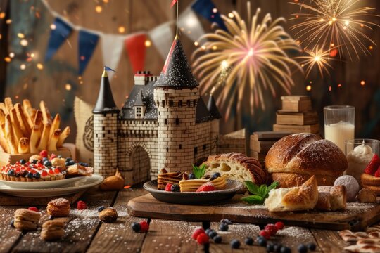 Bastille Day Celebration Display with Bastille Replica, French Flags, and Traditional Pastries on Wooden Backdrop - Powered by Adobe