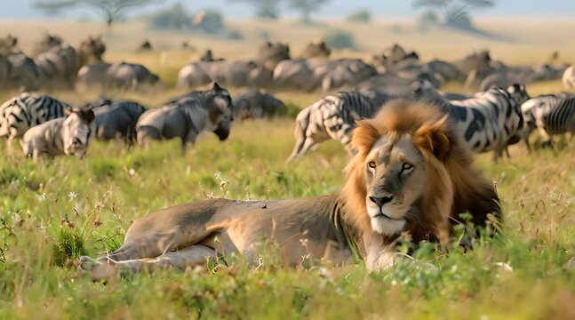 a lion lying down with a zebras background
