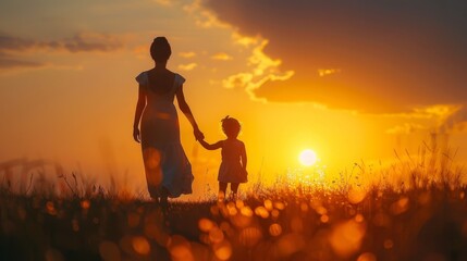A woman and a child are walking together in a field at sunset