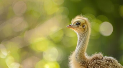 African Ostrich Chick in Natural Setting Green Background