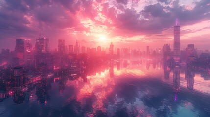 Obraz premium Futuristic cityscape at dusk with neon lights reflecting on sleek skyscrapers