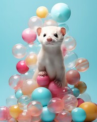 Fototapeta premium levitating ferret surrounded with floating toys, light sand pastel color background, professional studio photography, hyperrealistic, minimalism, negative space, high detailed, sharp focus