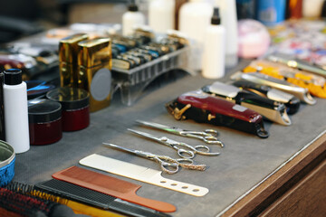 Varios tools on table of barbershop worker