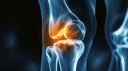 An X-ray blue of a knee with the knee joint highlighted in yellow ,MRI scan of a human knee  joint, showing the bones and ligaments.