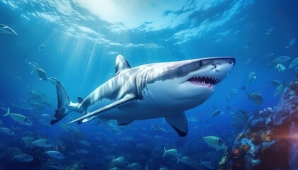 Fototapeta premium Great white shark in the ocean, portrait of White shark hunting prey in the underwater