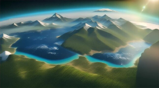ฺBeautiful 3D map of land, river - high angle. World showing the earth surface, texture of green forest, river from above