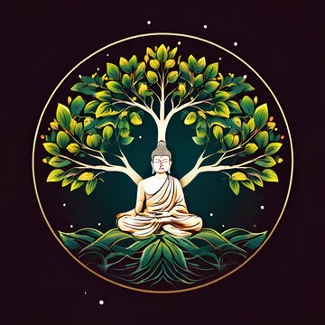 vesak day banner card with buddha sign in bodhi leaf tree vector design,buddha Meditate under Bodhi tree circle sign style vector design,generate ai
