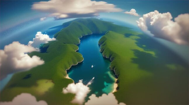ฺBeautiful 3D map of land, river - high angle. World showing the earth surface, texture of green forest, river from above