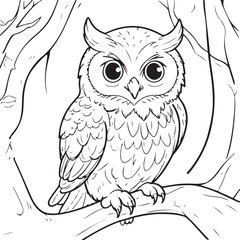 cute coloring book with kawaii owl outline art illustration coloring page for kids, black and white illustration for coloring book - Generative AI