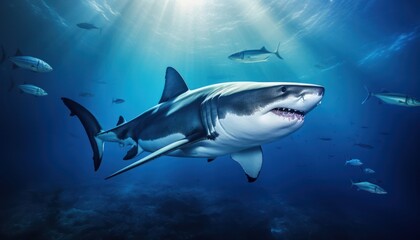 Great white shark in the ocean, portrait of White shark hunting prey in the underwater