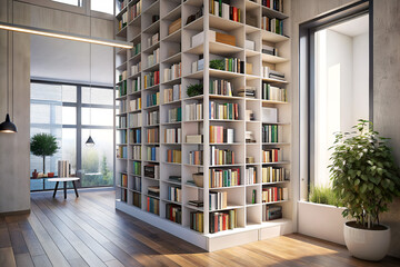 Slender floor-to-ceiling shelving unit for books and decor.