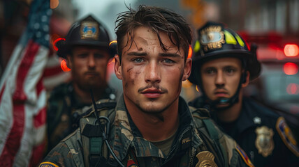 Unified heroes: Soldier, police officer, firefighter, standing tall, symbolizing dedication and patriotism.generative ai
