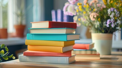 Collection of colorful books stacked on the desk