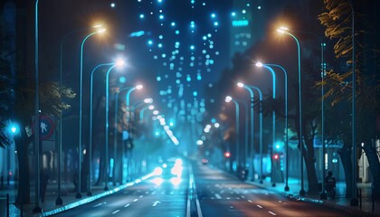 Portray a network of smart streetlights in a city that adjust brightness based on pedestrian and traffic patterns