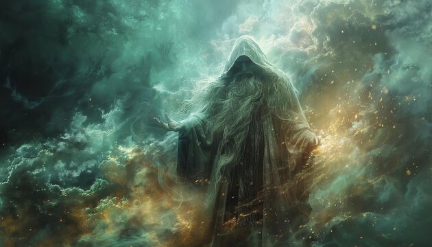 Portray a mystical sorcerer casting spells of enchantment, weaving together ancient incantations to shape the fabric of reality