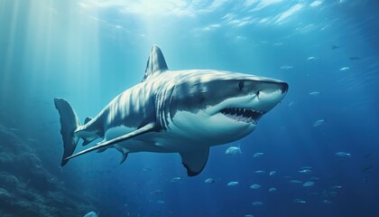 Fototapeta premium Great white shark in the ocean, portrait of White shark hunting prey in the underwater