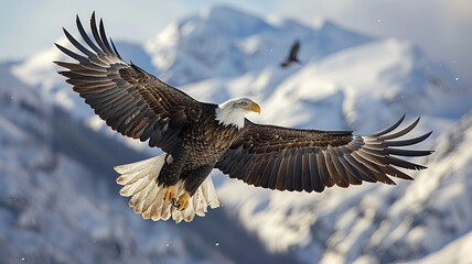 American flag waving in the wind with a majestic bald eagle flying in the foreground,generative ai