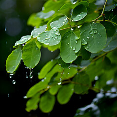 rain drops over moringa olifeira leafs,Moringa leaves close up on garden area, with blurred background.generate ai
