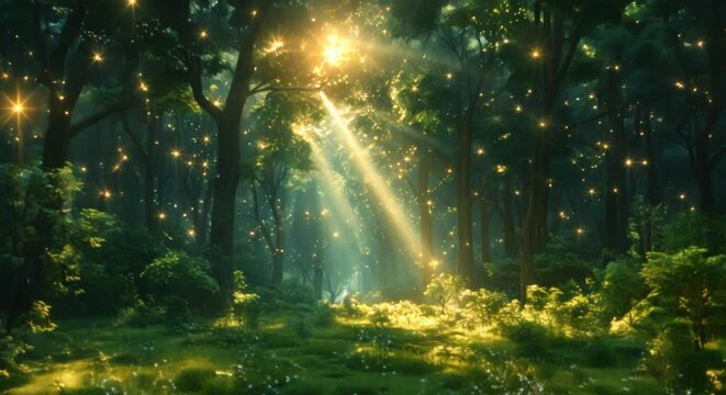 Starlit sky visible through a clearing in an enchanted forest