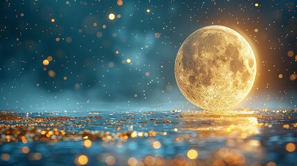 A full moon rises majestically over a shimmering golden sea under a starlit sky, creating a serene nocturnal scene.