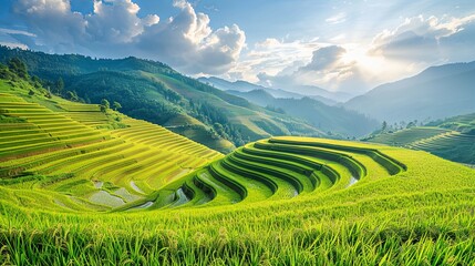 Sweeping terraced rice paddies under a dramatic sky, showcasing vibrant green hues and majestic mountains.