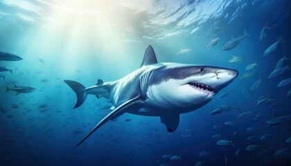 Fototapeta premium Great white shark in the ocean, portrait of White shark hunting prey in the underwater