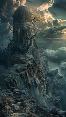 Fototapeta premium Craft a surreal world in Fear Peak, combining jagged cliffs and stormy skies, invoking a sense of dread and suspense through dramatic lighting and twisted landforms