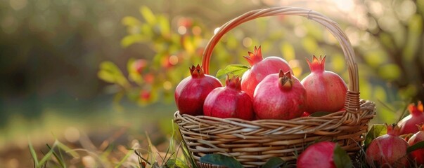 Handheld basket of freshly picked pomegranates against a blurred orchard background, highlighting organic freshness