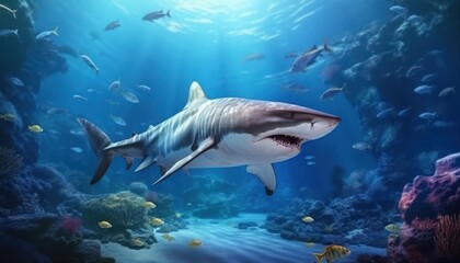 Fototapeta premium Great white shark in the ocean, portrait of White shark hunting prey in the underwater