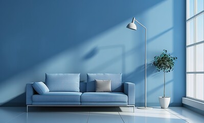 interior design,Modern Blue Living Room with Sofa, Floor Lamp, and Wooden Flooring 3d rendering	
