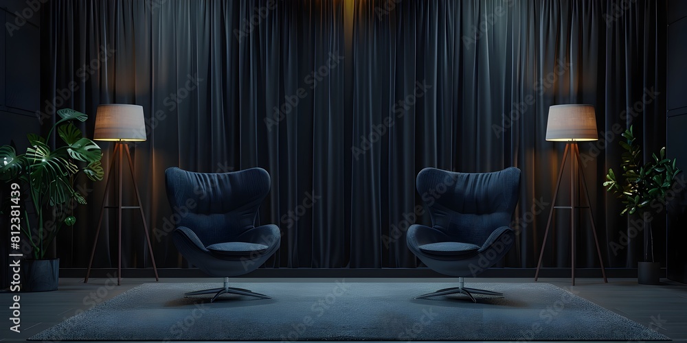 Poster elegant and focused interview room with minimalist chairs and microphones against a dark backdrop cr