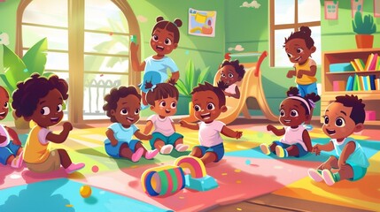 multicultural daycare center with African American toddler babies. Group of workers with babies in...