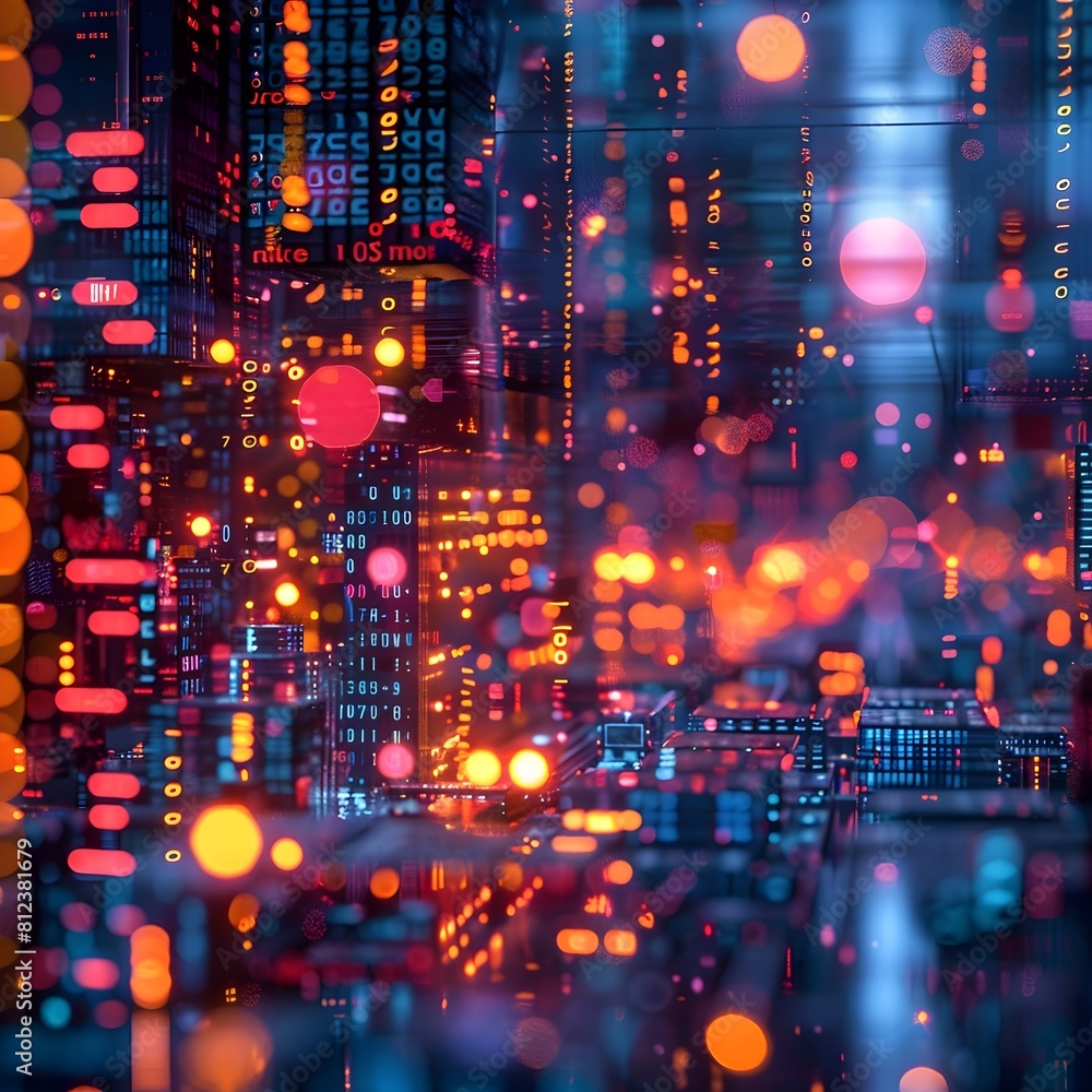 Poster vibrant neon circuits and binary codes visualizing digital data transfer in a futuristic tech city