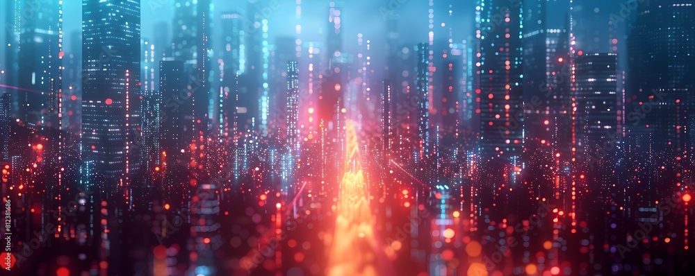 Poster luminous interconnected tech city network with glowing data streams flowing through futuristic high 