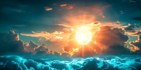 A Unique Celestial Sight: Sun Surrounded by Clouds in Egg-shaped Sky. Concept Astrology, Weather phenomenon, Art and Photography, Nature, Optical illusion
