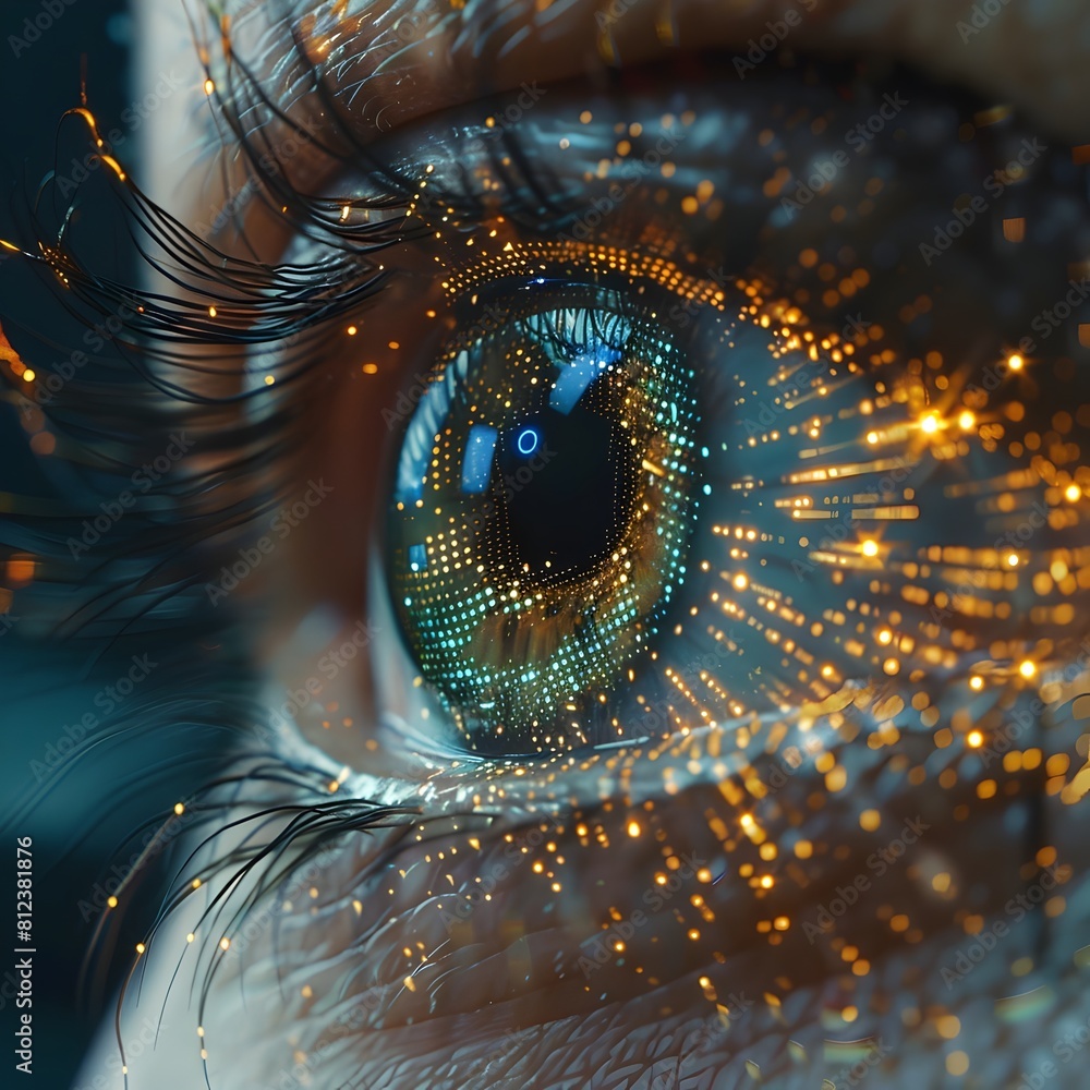 Poster cutting edge biometric identification with embedded holographic data points in macro eye