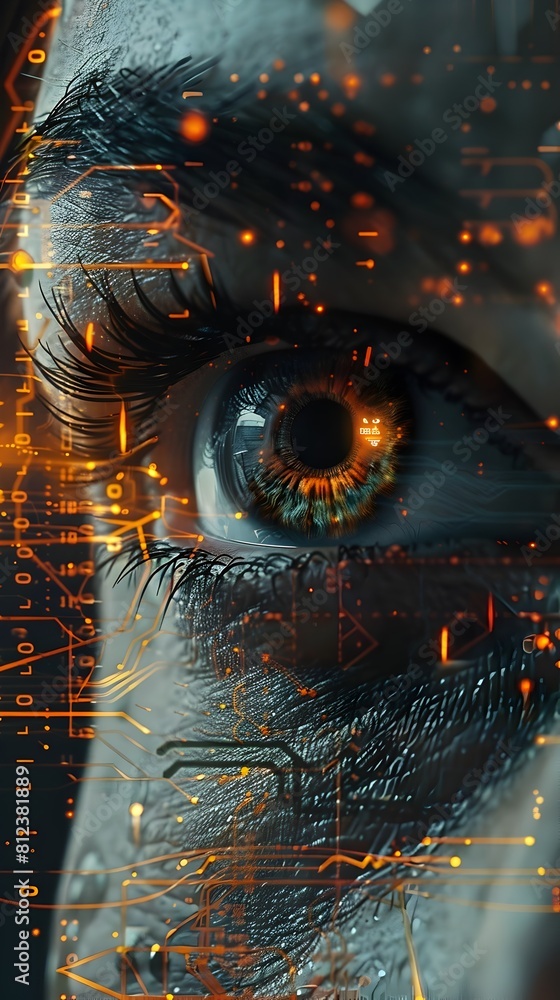 Poster stylized biometric eye interfaced with virtual surveillance elements for digital verification and an
