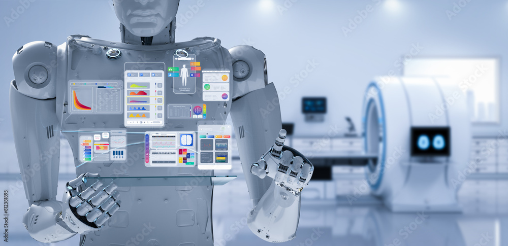 Poster medical technology concept with 3d rendering doctor robot with graphic interface display