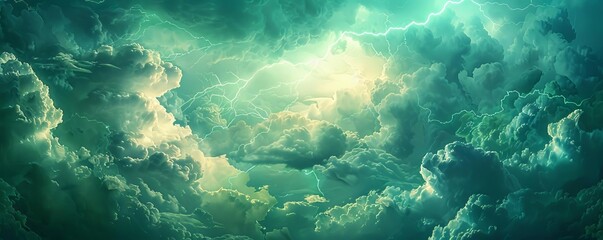 A conceptual image of white clouds and green lightning, representing renewable energy from storm power